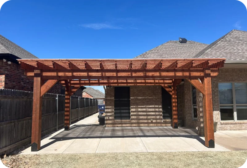 Wooden pergola in backyard